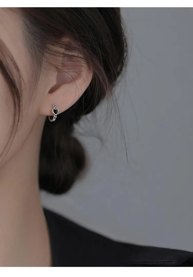 925 Sterling Silver Heart Shaped Black Earrings Hoops Personalized Minimalist Style for Women