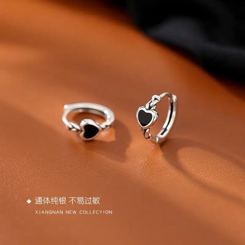 925 Sterling Silver Heart Shaped Black Earrings Hoops Personalized Minimalist Style for Women