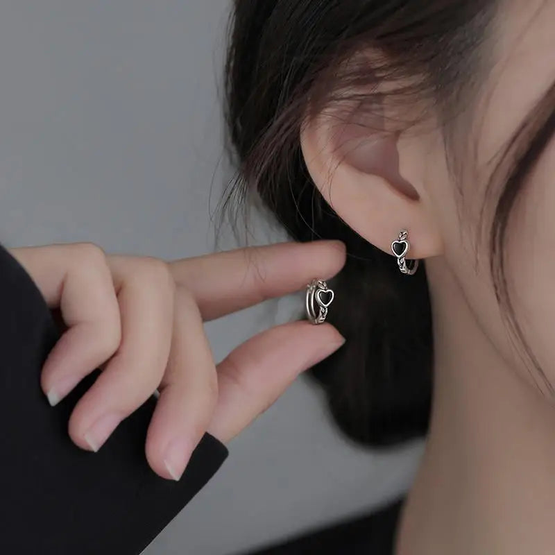 925 Sterling Silver Heart Shaped Black Earrings Hoops Personalized Minimalist Style for Women