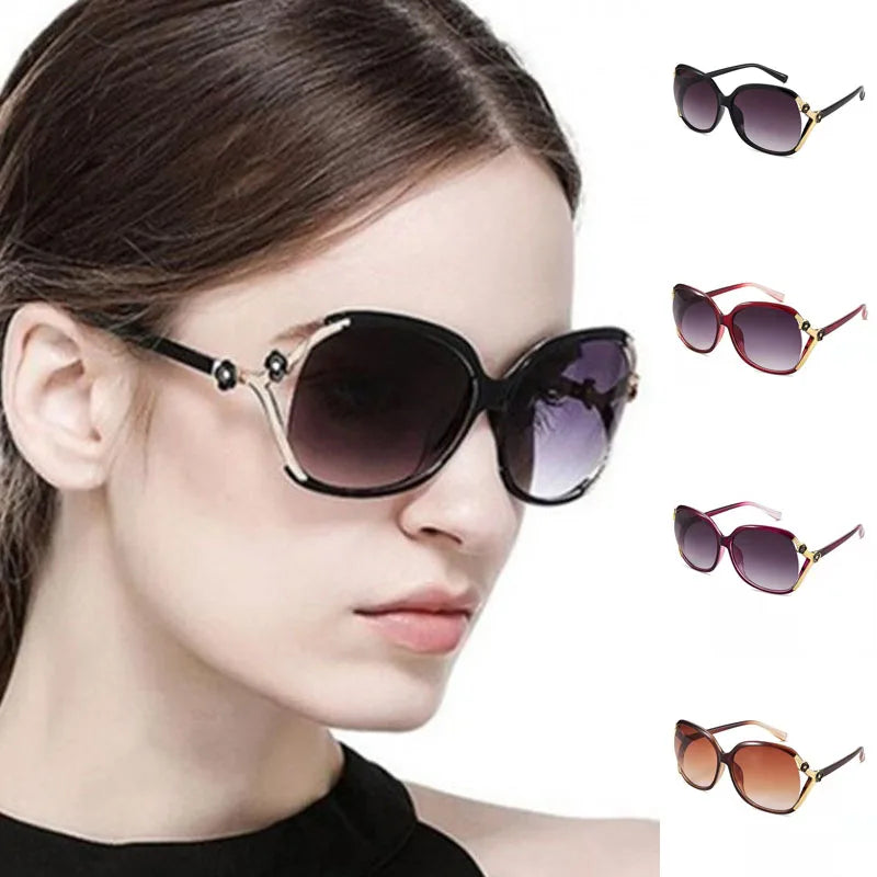 Classic Large Oversize Sunglasses for Women Purple PC Frame with Camellia Painted Hollow Design and Luxury Flower Detail