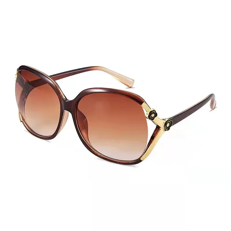Classic Large Oversize Sunglasses for Women Purple PC Frame with Camellia Painted Hollow Design and Luxury Flower Detail