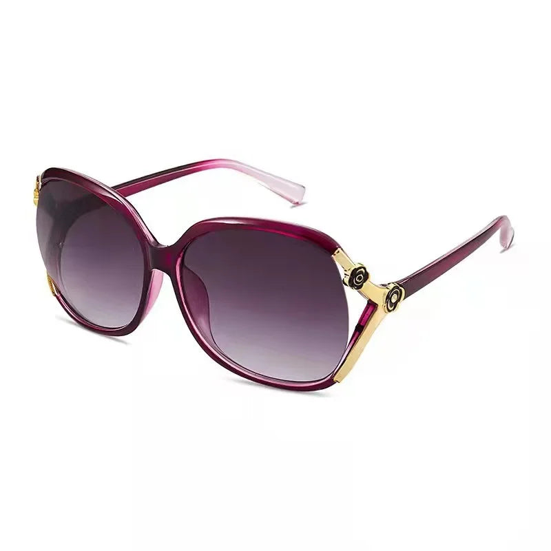 Classic Large Oversize Sunglasses for Women Purple PC Frame with Camellia Painted Hollow Design and Luxury Flower Detail