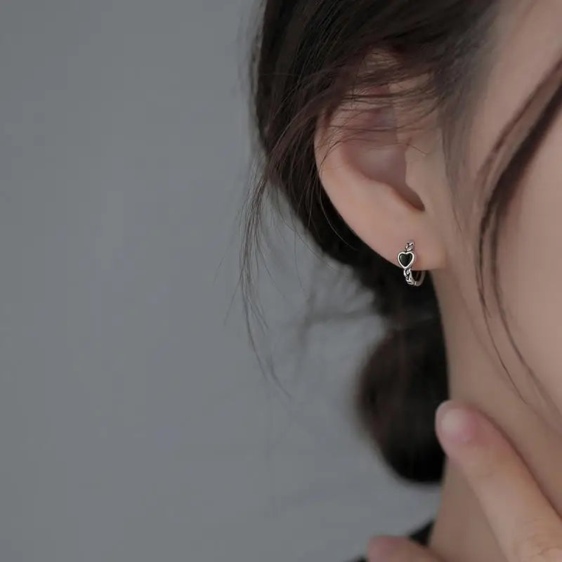 925 Sterling Silver Heart Shaped Black Earrings Hoops Personalized Minimalist Style for Women