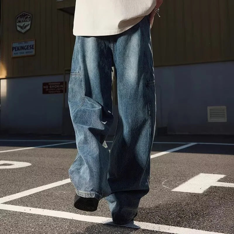 2025 New Hip Hop Fashion Spliced Baggy Jeans For Men Pleated Design Casual Straight-Leg Denim Pants Y2K Vintage Streetwear jean