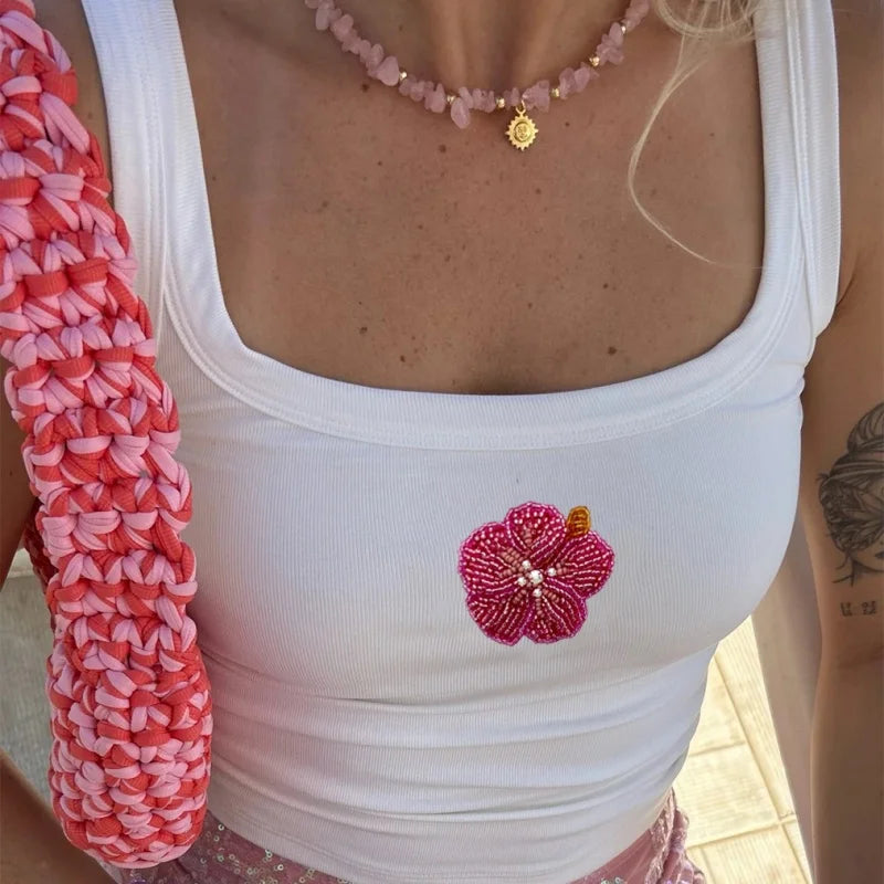Women Y2k Shiny Glitter Floral Pearl Embroidered Beaded Decor Round Neck Vest Sleeveless Shirts Slim Sheer Crop Tank Tops