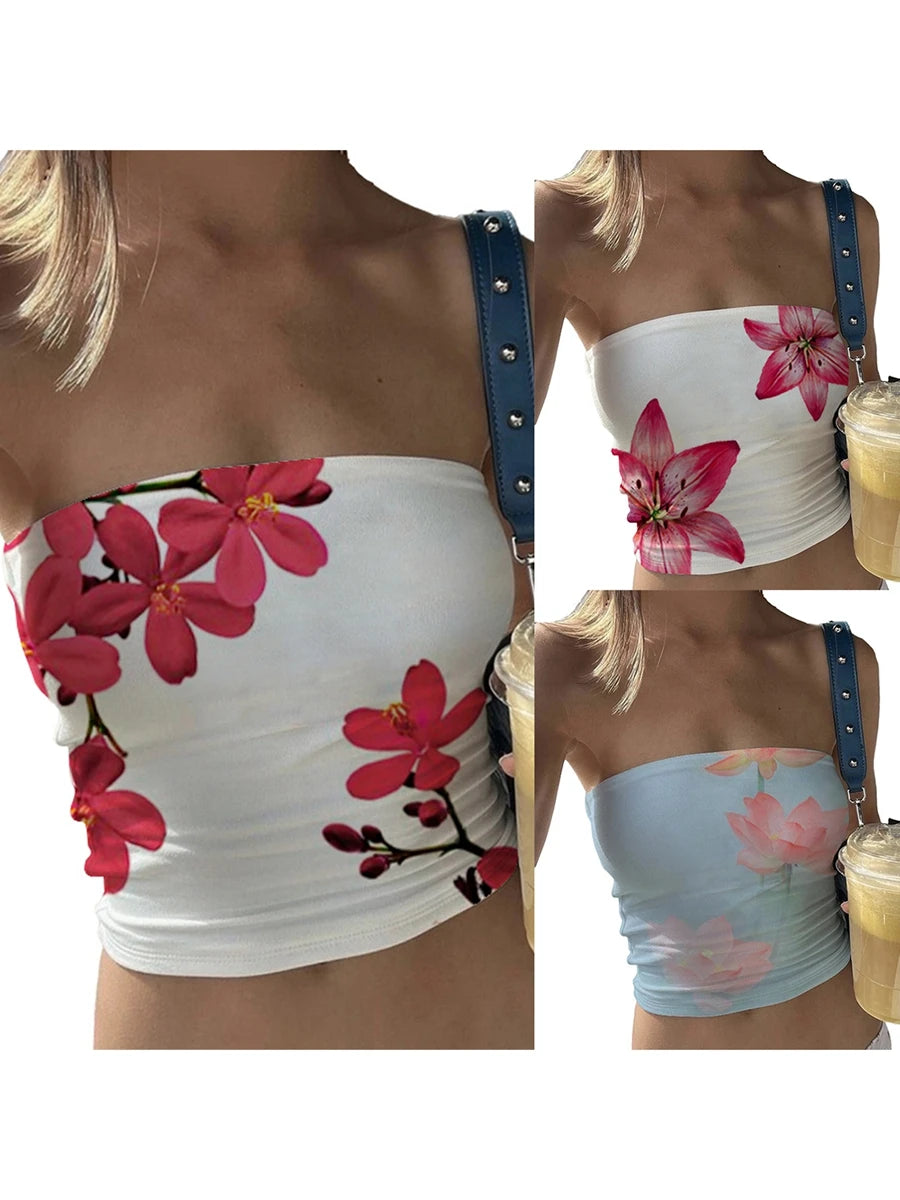 Women s Floral Print Tube Tops Summer Strapless Bandeau Tops  Fit Shirts Streetwear