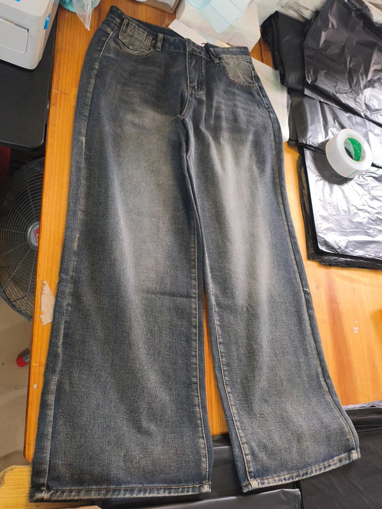 Deeptown Blue Vintage Y2k Women Jeans Wash Harajuku Low Waist Japanese 2000s Style Denim Pants Baggy American Streetwear Autumn