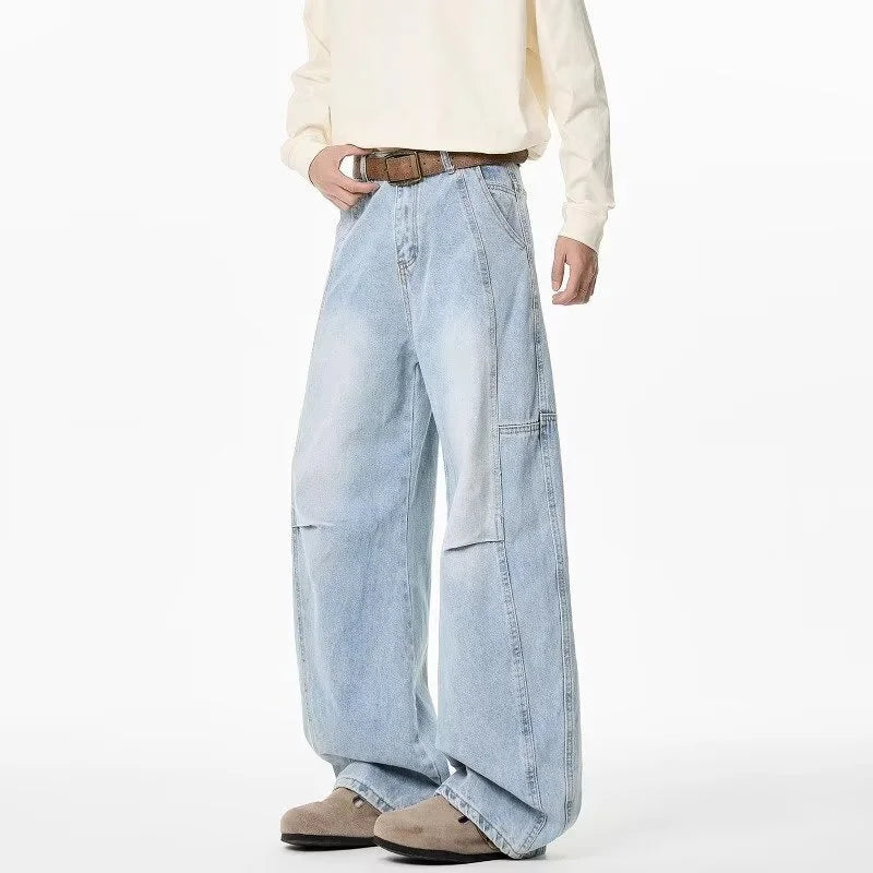 2025 New Hip Hop Fashion Spliced Baggy Jeans For Men Pleated Design Casual Straight-Leg Denim Pants Y2K Vintage Streetwear jean