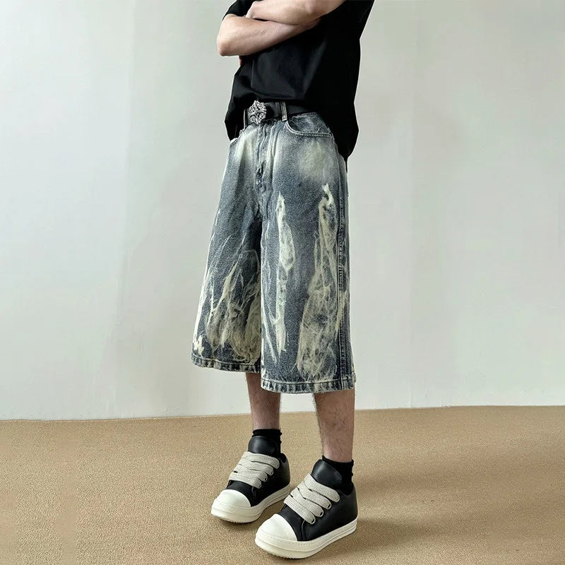 2026 New Flame Graphic Print Denim Shorts For Men Hip Hop Fashion Straight-leg Baggy Jorts Punk Tie Dye Gradient Y2K Short Jean
