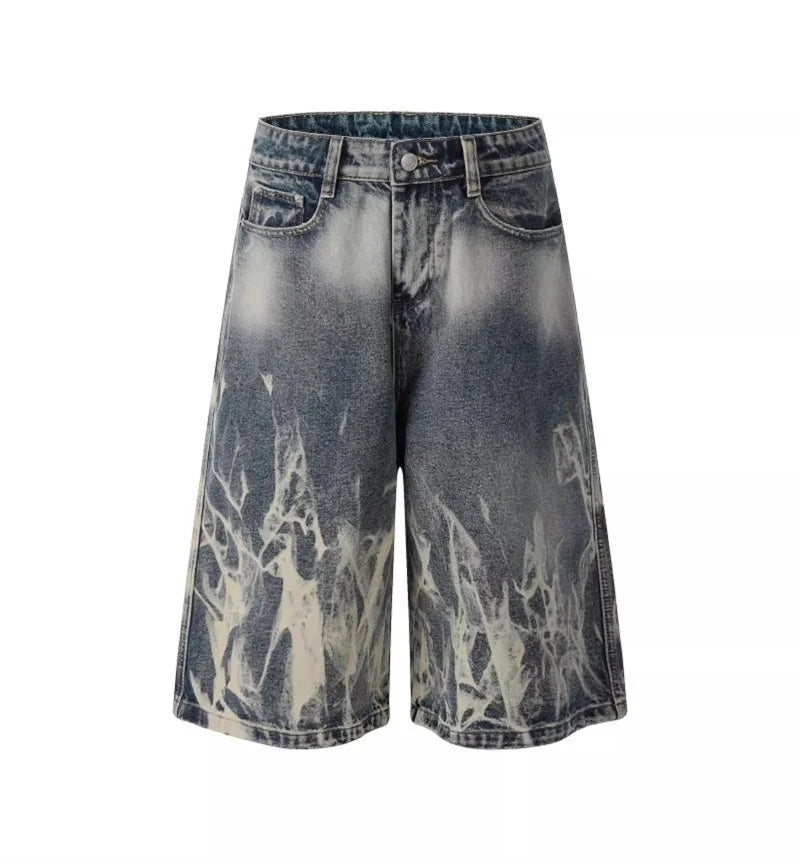 2026 New Flame Graphic Print Denim Shorts For Men Hip Hop Fashion Straight-leg Baggy Jorts Punk Tie Dye Gradient Y2K Short Jean