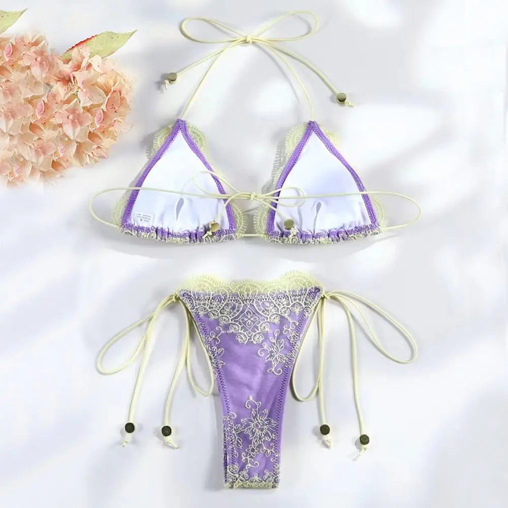 2Pcs/Set Fashion Summer Lace Bikini Set Hollow Bandage Women Swimsuit Casual Patchwork Beachwear Beach