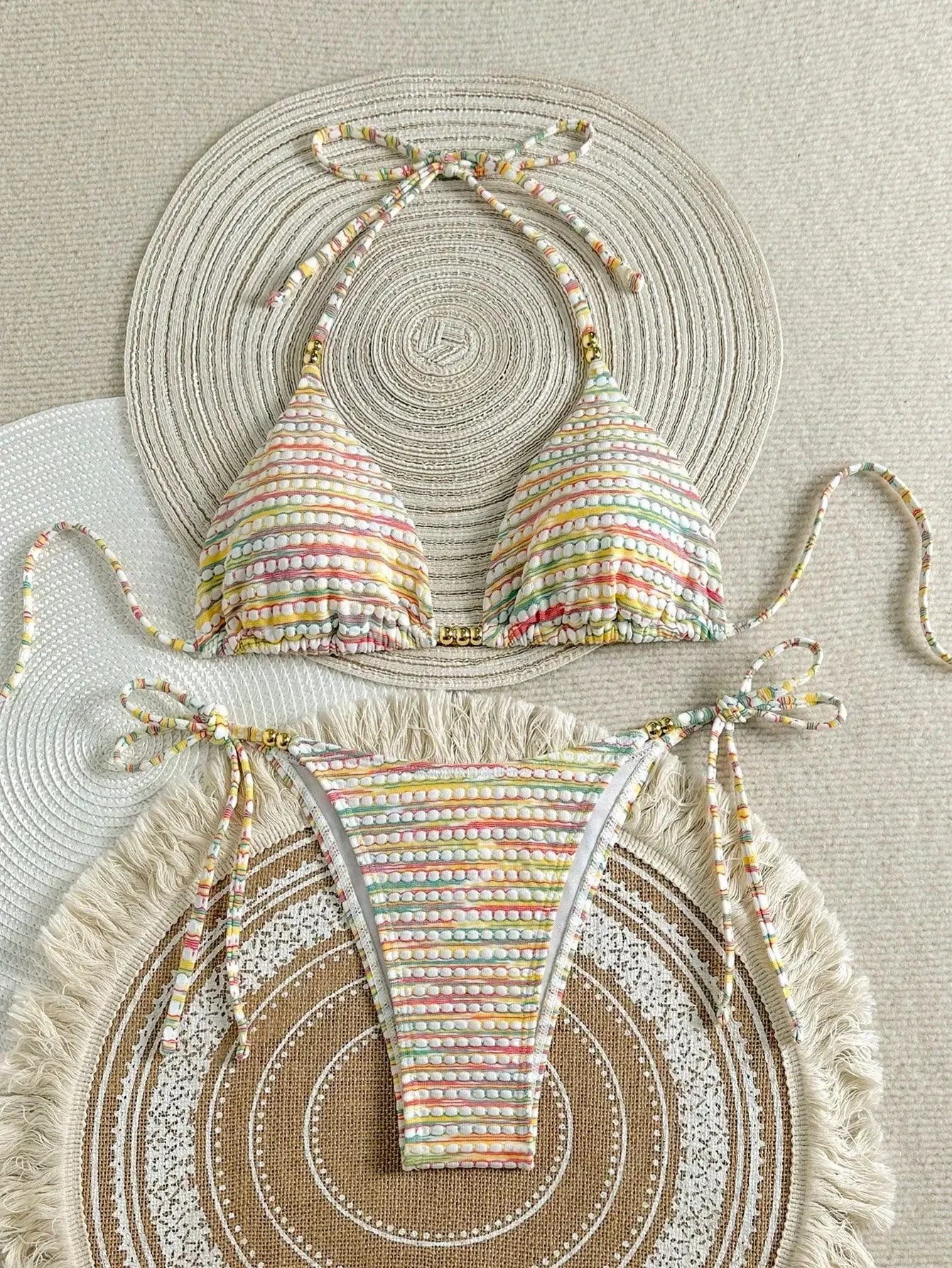 sexy rainbow print gold beads bikinis sets two pieces halter back tie swimsuits bathing suit swimwear biquini tankini trikini