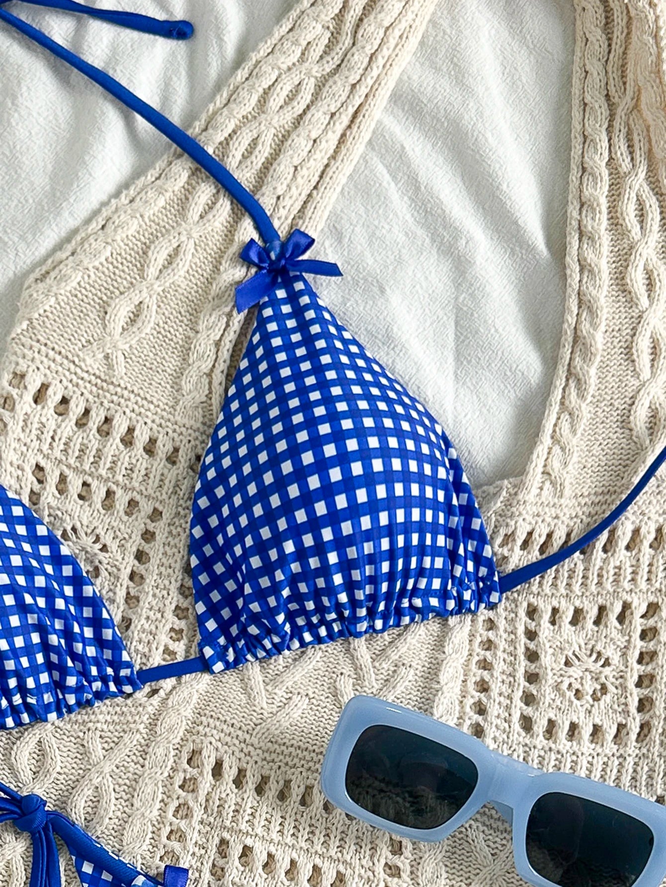 Women's Bikini Set, Ins-Style Picnic Mat Blue and White Plaid Two-Piece Swimsuit, Popular Bowknot Design, Sexy Halter Neck Tie-Up Triangle Top and Tie-Up Triangle Bottoms