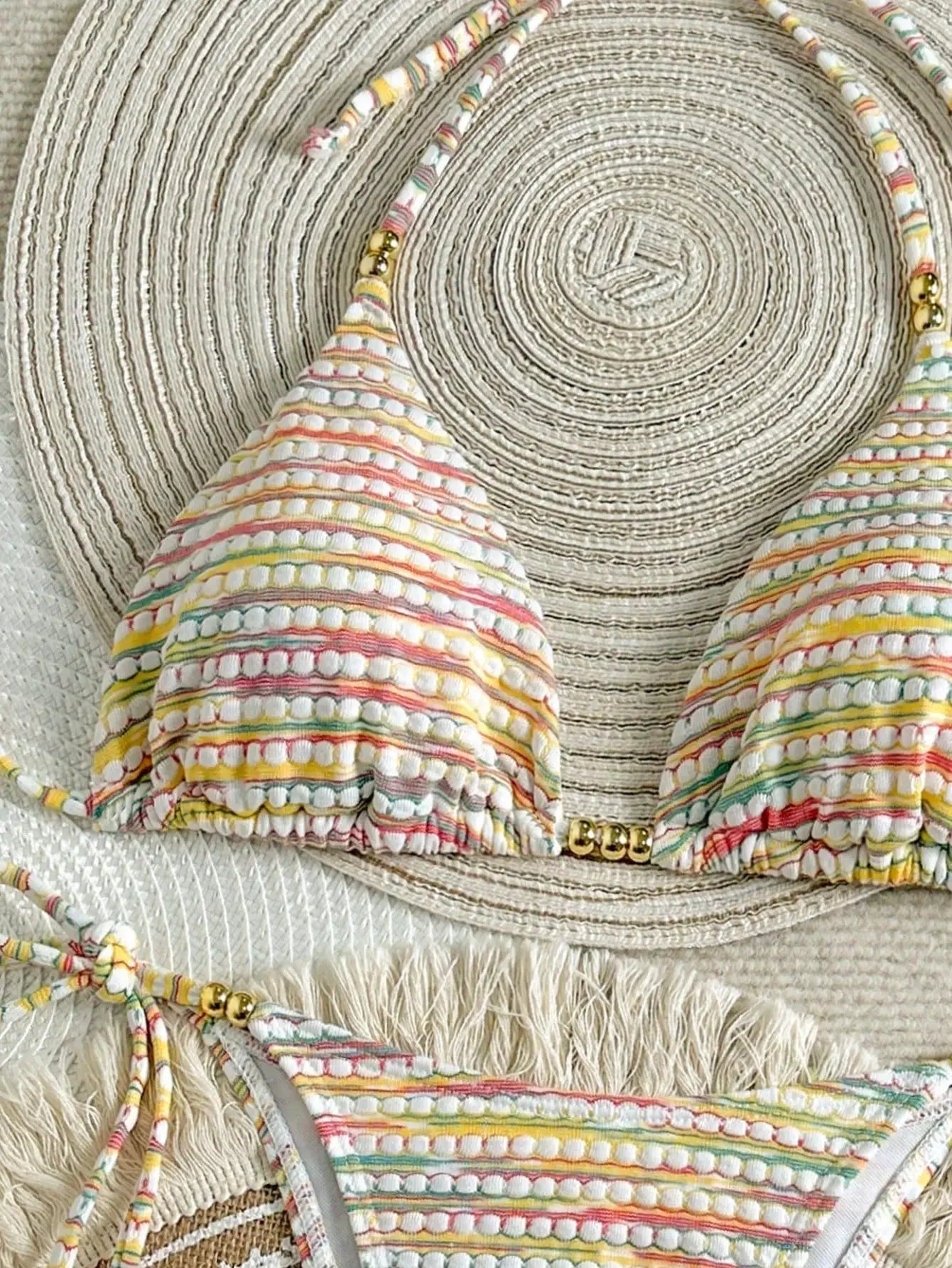 sexy rainbow print gold beads bikinis sets two pieces halter back tie swimsuits bathing suit swimwear biquini tankini trikini