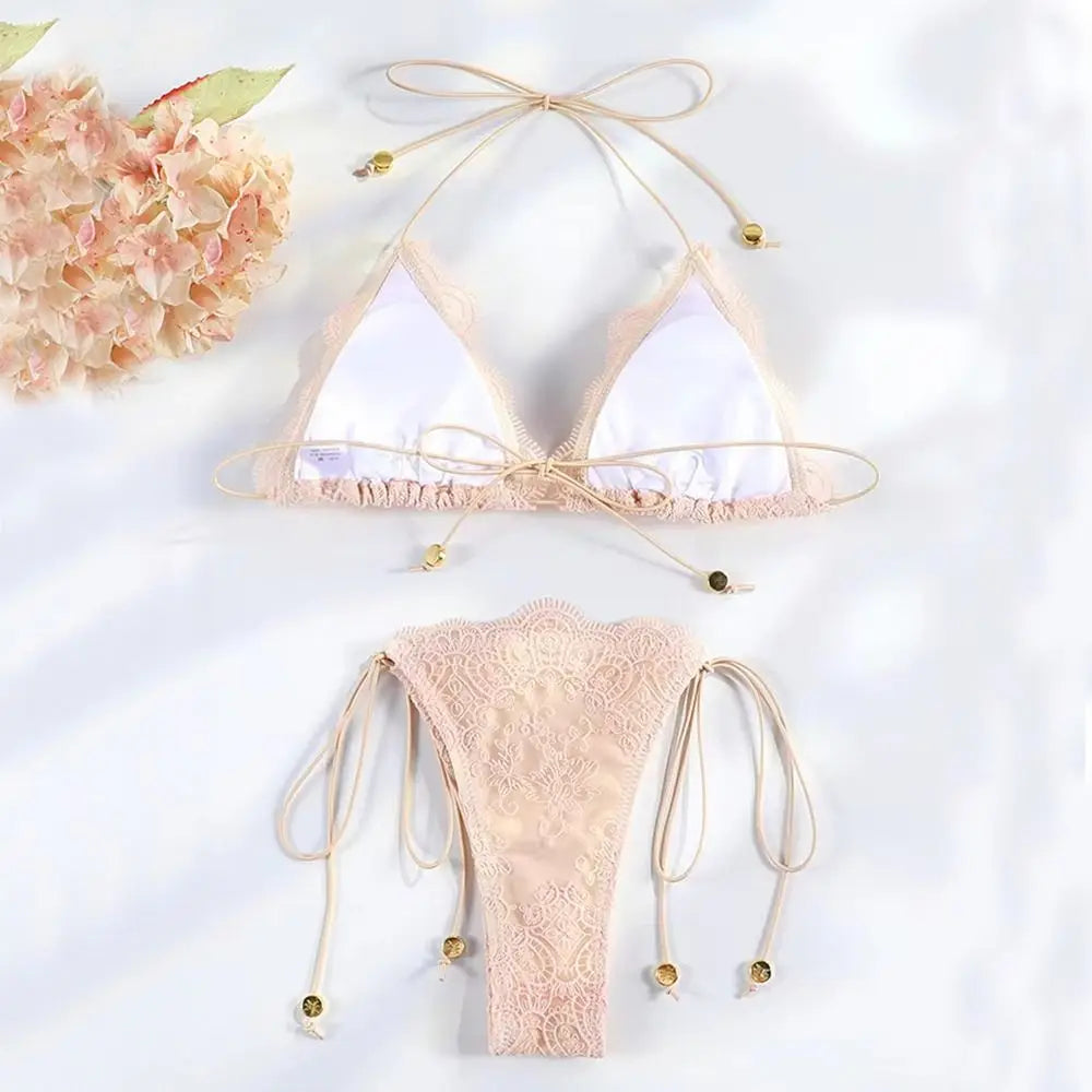 2Pcs/Set Fashion Summer Lace Bikini Set Hollow Bandage Women Swimsuit Casual Patchwork Beachwear Beach