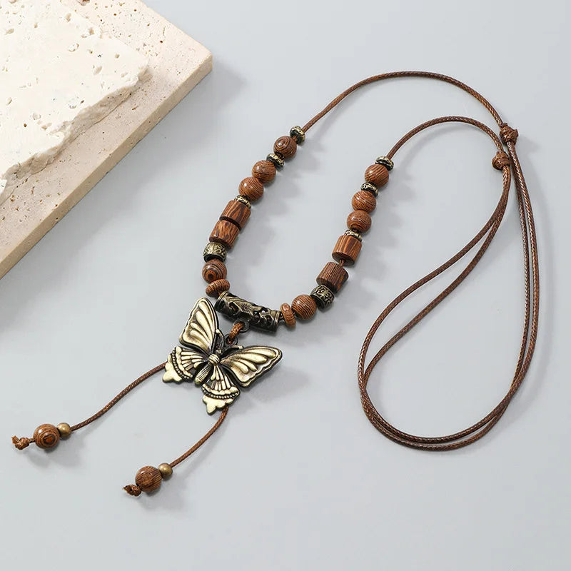 Vintage Butterfly Wooden Beads Colar Women Men Wax Wire Beaded Long Necklace Fashion Yoga Jewelry Handmade Gift