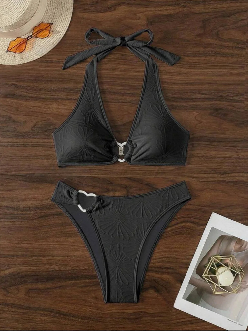Floral Jacquard Heart Bikini White Y2K Triangle Halter Bandage Push Up Swimsuit Tanga Women Backless Vacation Swimwear Beach Set