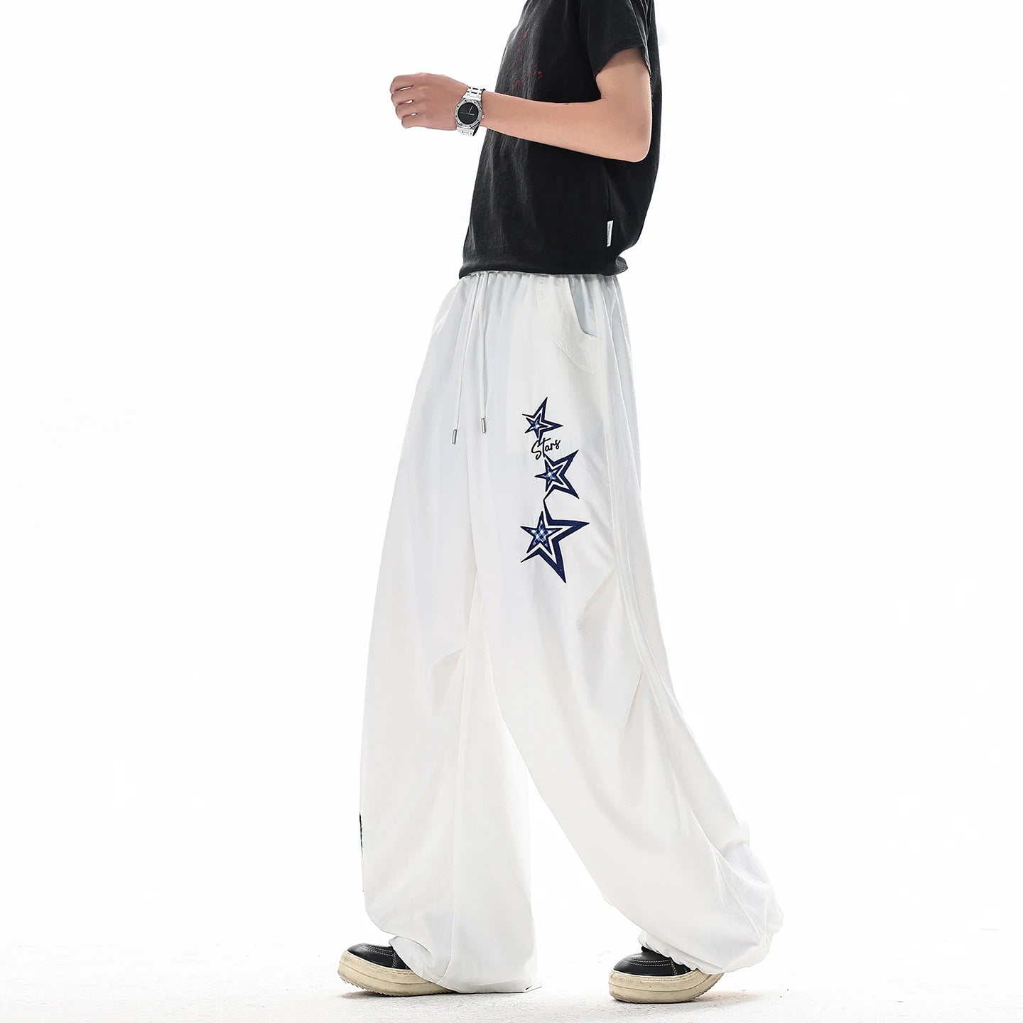 Men's Star Embroidered Parachute Pants Unisex Y2K Hip Hop Baggy Cargo Pants