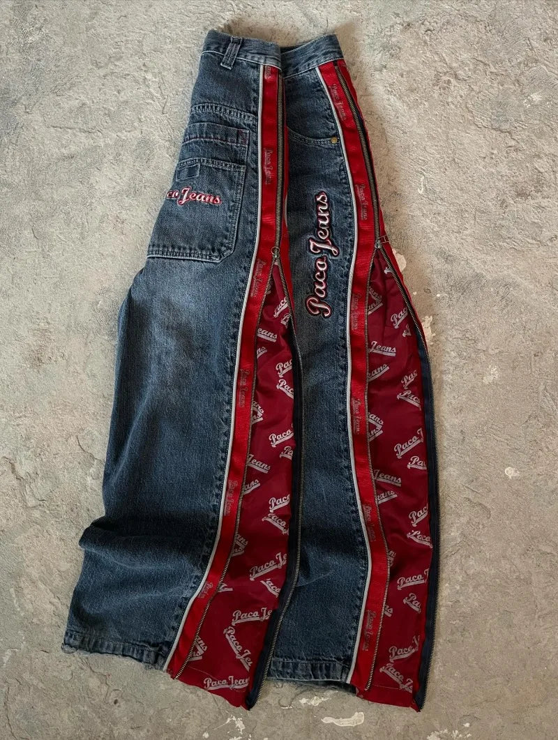 Streetwear New Fashion Vintage Letter Embroidered Red Baggy Jeans Female Y2K Gothic Hiphop Popular Casual Straight Wide-leg Pant