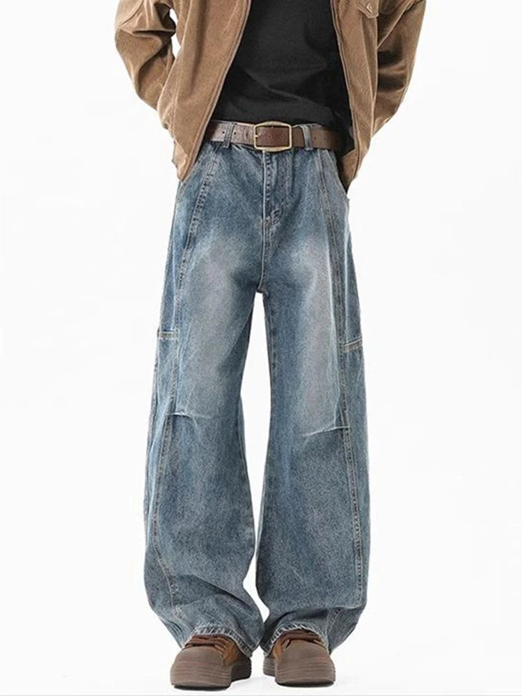 2025 New Hip Hop Fashion Spliced Baggy Jeans For Men Pleated Design Casual Straight-Leg Denim Pants Y2K Vintage Streetwear jean