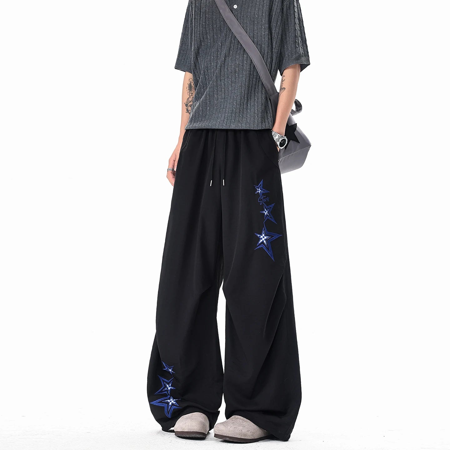 Men's Star Embroidered Parachute Pants Unisex Y2K Hip Hop Baggy Cargo Pants