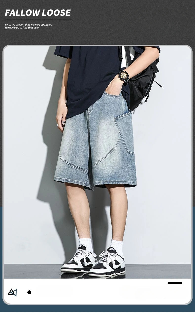Summer New Baggy Denim Shorts Fashion Casual Straight Harajuku Jeans Male Vintage Wash Drawstring Short Pants Streetwear