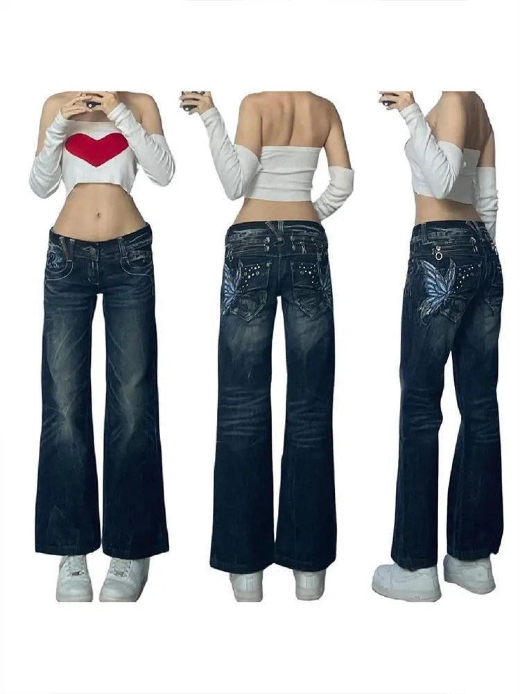 American Fashion High Street Large Size Butterfly Embroidered Women Jeans Y2K Millennium Harajuku Slim Flared Jeans