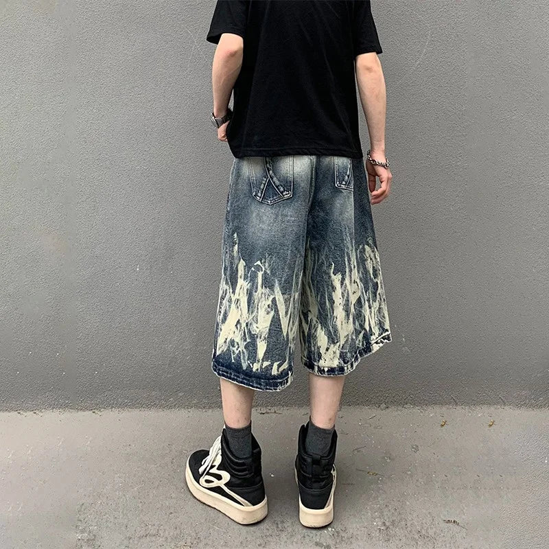 2026 New Flame Graphic Print Denim Shorts For Men Hip Hop Fashion Straight-leg Baggy Jorts Punk Tie Dye Gradient Y2K Short Jean