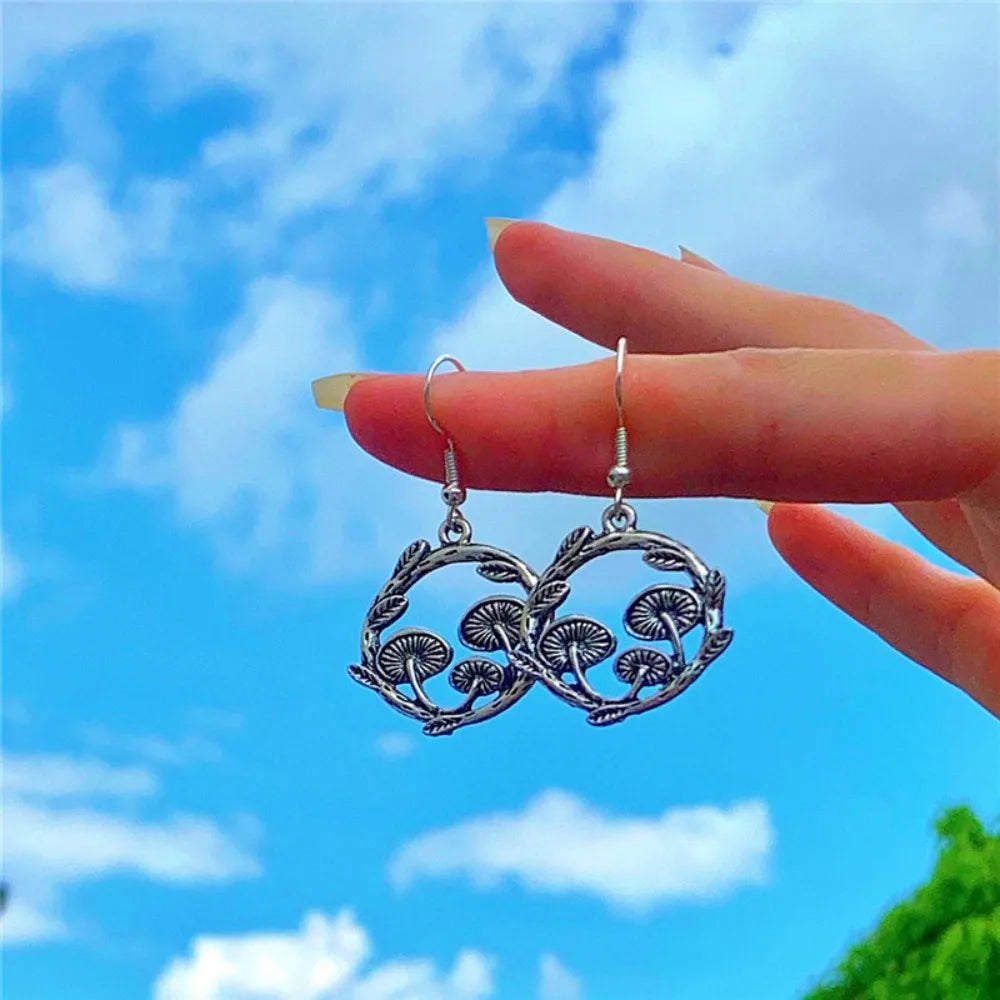 Retro Creative Circular Ring Branches Vines Leaves Mushroom Forest Pendant Necklace Dangle Earrings for Women Trendy Jewelry
