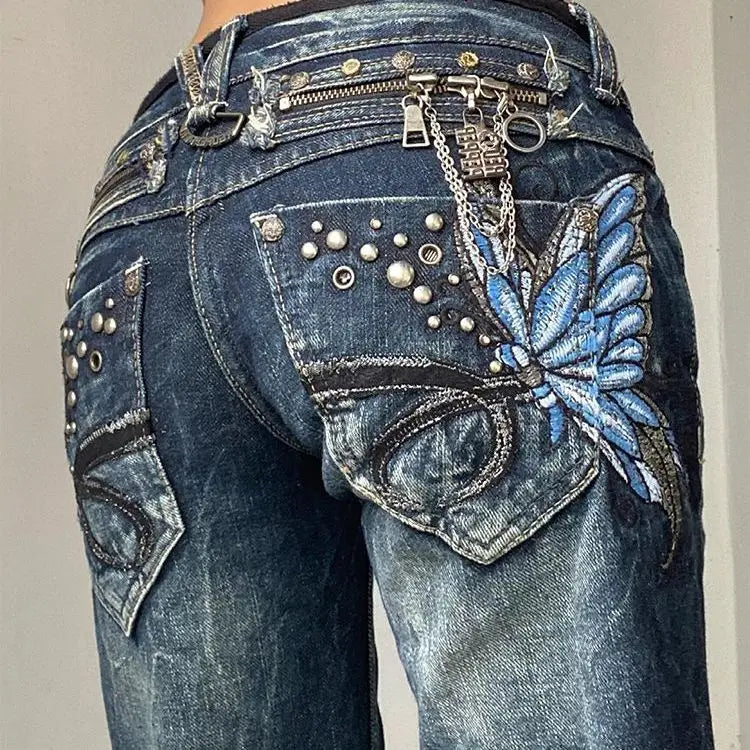 American Fashion High Street Large Size Butterfly Embroidered Women Jeans Y2K Millennium Harajuku Slim Flared Jeans