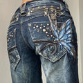 American Fashion High Street Large Size Butterfly Embroidered Women Jeans Y2K Millennium Harajuku Slim Flared Jeans