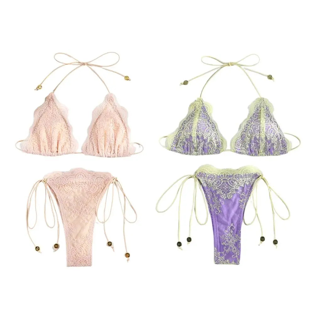 2Pcs/Set Fashion Summer Lace Bikini Set Hollow Bandage Women Swimsuit Casual Patchwork Beachwear Beach