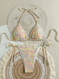 sexy rainbow print gold beads bikinis sets two pieces halter back tie swimsuits bathing suit swimwear biquini tankini trikini