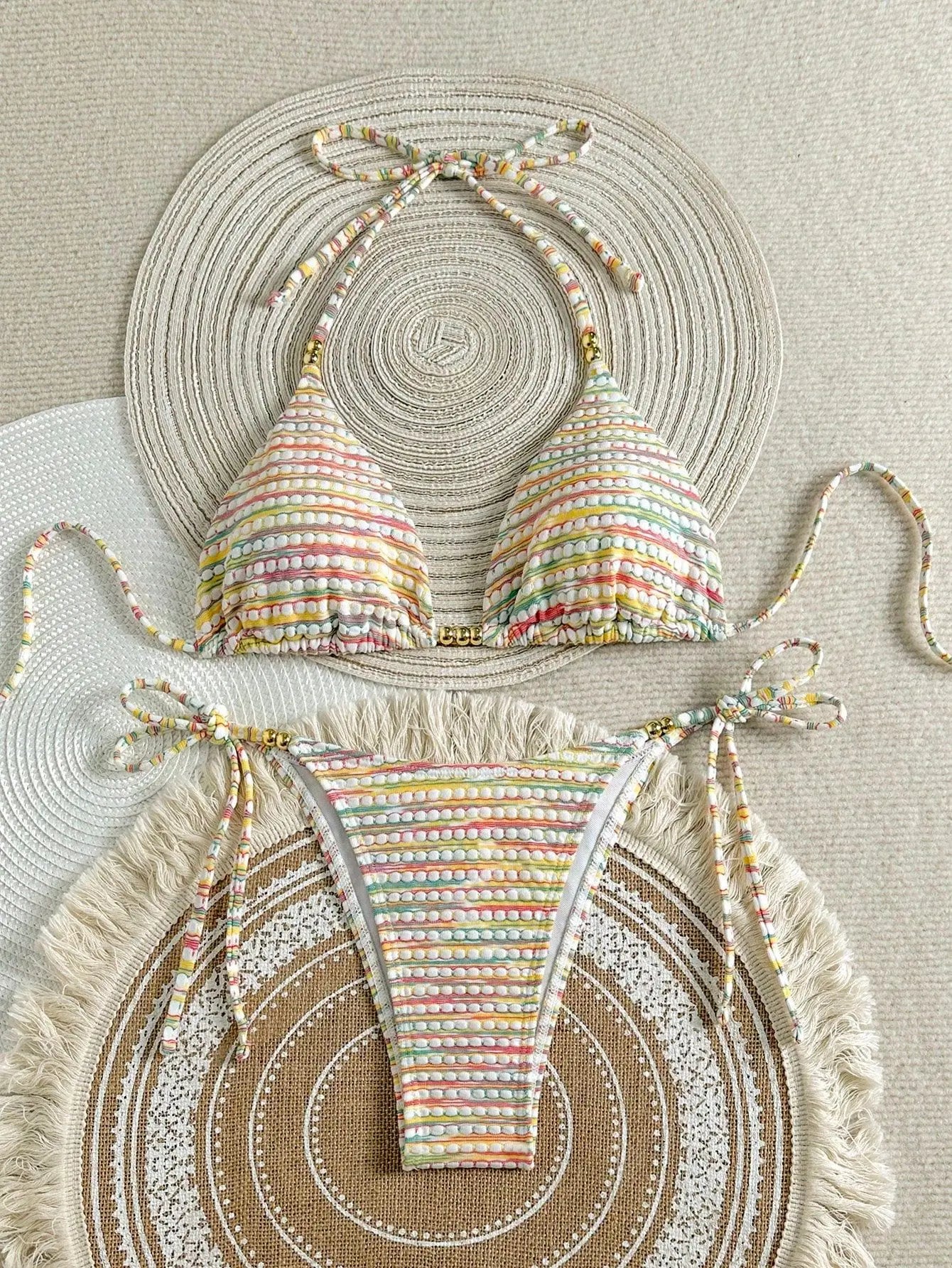 sexy rainbow print gold beads bikinis sets two pieces halter back tie swimsuits bathing suit swimwear biquini tankini trikini