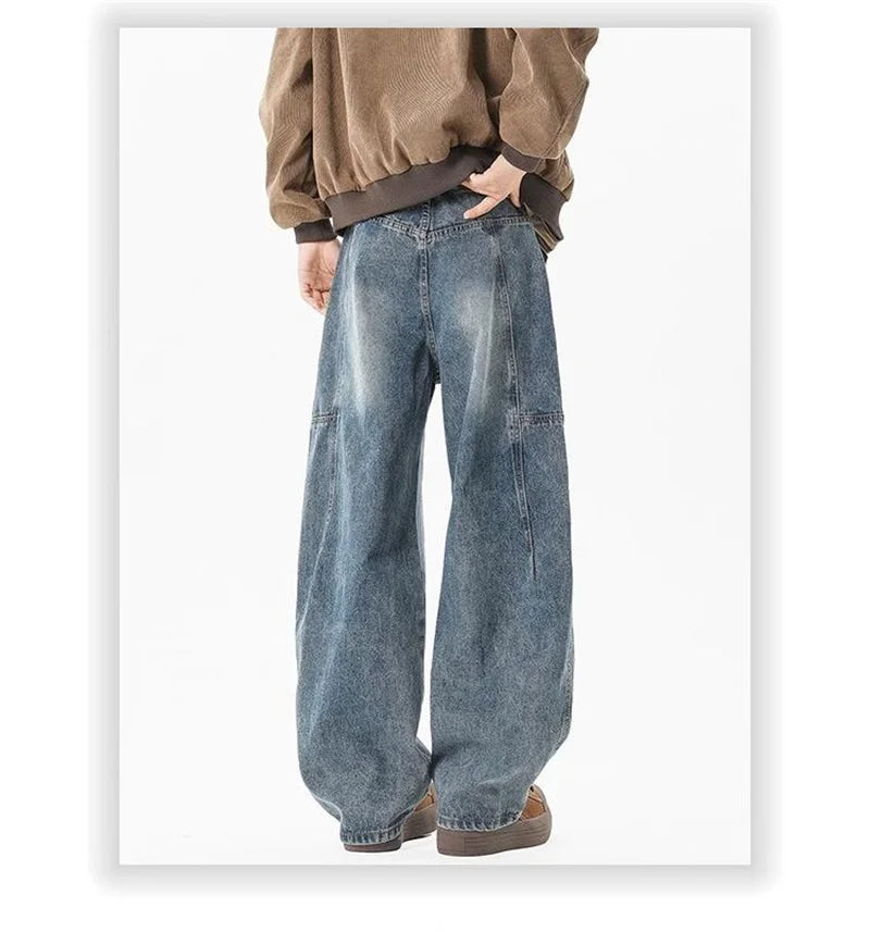 2025 New Hip Hop Fashion Spliced Baggy Jeans For Men Pleated Design Casual Straight-Leg Denim Pants Y2K Vintage Streetwear jean