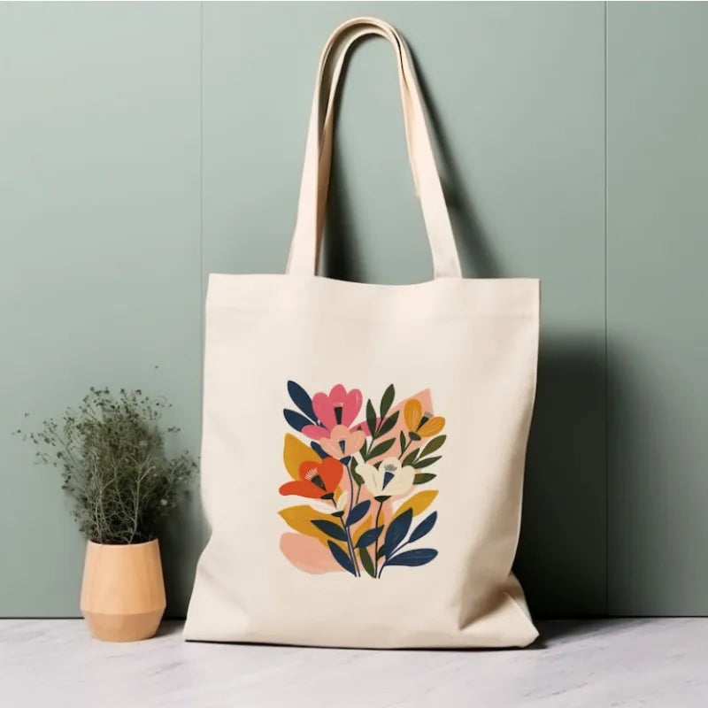 Colorful Floral Pattern Canvas Shoulder Bag Women's Casual Flower Print Tote Handbag Abstract Art Canvas Bag for Daily Outfits