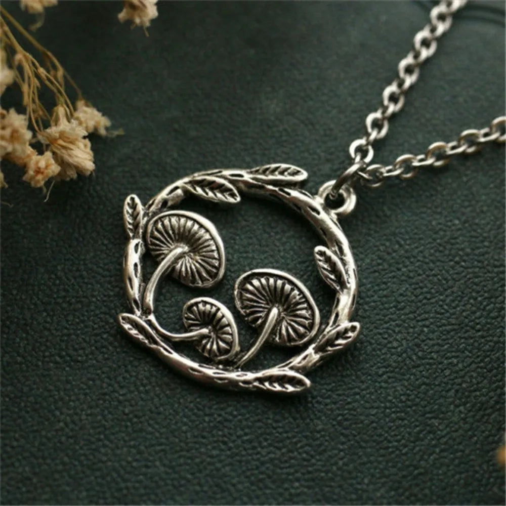 Retro Creative Circular Ring Branches Vines Leaves Mushroom Forest Pendant Necklace Dangle Earrings for Women Trendy Jewelry