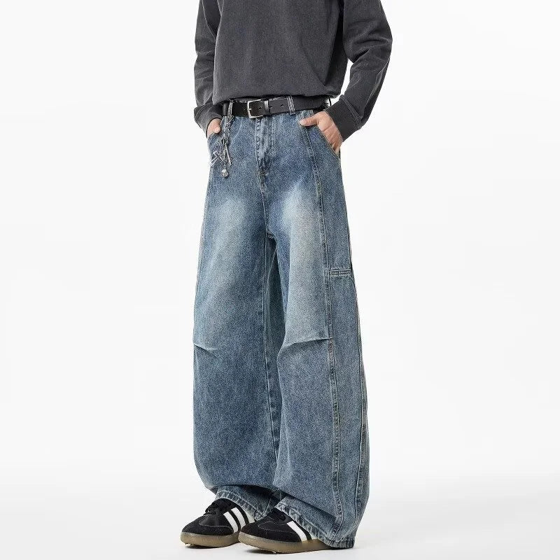 2025 New Hip Hop Fashion Spliced Baggy Jeans For Men Pleated Design Casual Straight-Leg Denim Pants Y2K Vintage Streetwear jean