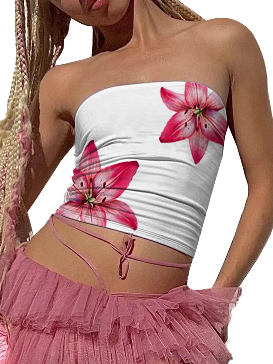 Women s Floral Print Tube Tops Summer Strapless Bandeau Tops  Fit Shirts Streetwear