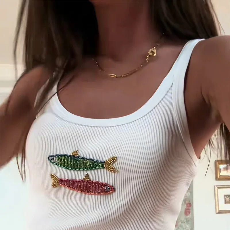 Fashion Fish Sequined Vest for Women Casual U Neck Sleeveless Female Slim Beads Embroidery Tops Summer Lady Beach Vest Street