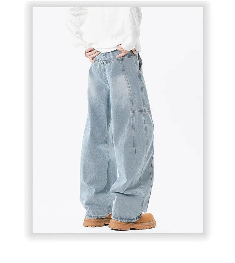 2025 New Hip Hop Fashion Spliced Baggy Jeans For Men Pleated Design Casual Straight-Leg Denim Pants Y2K Vintage Streetwear jean