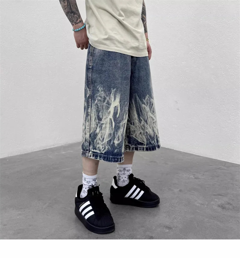 2026 New Flame Graphic Print Denim Shorts For Men Hip Hop Fashion Straight-leg Baggy Jorts Punk Tie Dye Gradient Y2K Short Jean