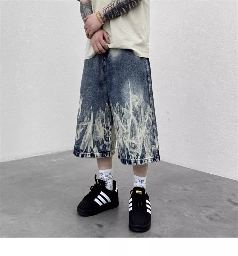 2026 New Flame Graphic Print Denim Shorts For Men Hip Hop Fashion Straight-leg Baggy Jorts Punk Tie Dye Gradient Y2K Short Jean