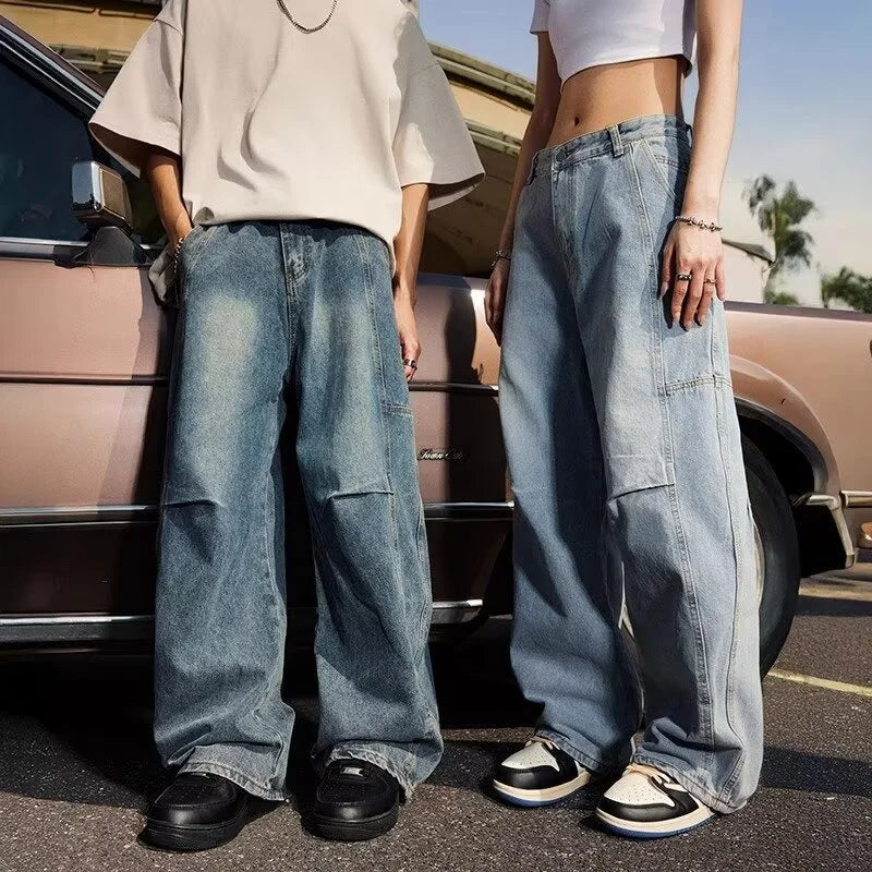 2025 New Hip Hop Fashion Spliced Baggy Jeans For Men Pleated Design Casual Straight-Leg Denim Pants Y2K Vintage Streetwear jean