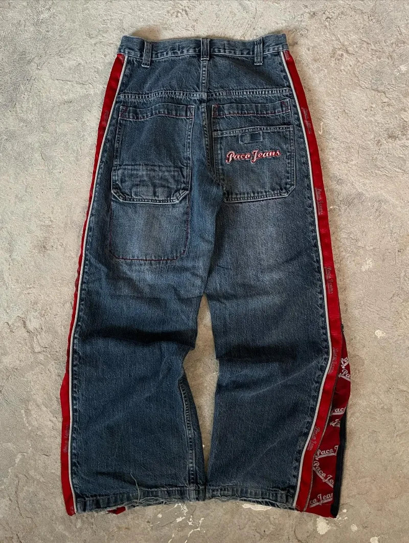 Streetwear New Fashion Vintage Letter Embroidered Red Baggy Jeans Female Y2K Gothic Hiphop Popular Casual Straight Wide-leg Pant