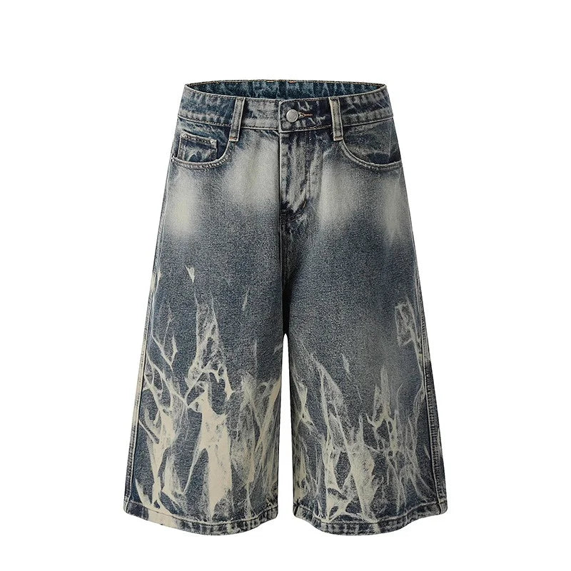 2026 New Flame Graphic Print Denim Shorts For Men Hip Hop Fashion Straight-leg Baggy Jorts Punk Tie Dye Gradient Y2K Short Jean