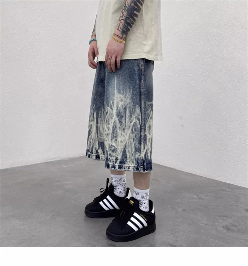 2026 New Flame Graphic Print Denim Shorts For Men Hip Hop Fashion Straight-leg Baggy Jorts Punk Tie Dye Gradient Y2K Short Jean
