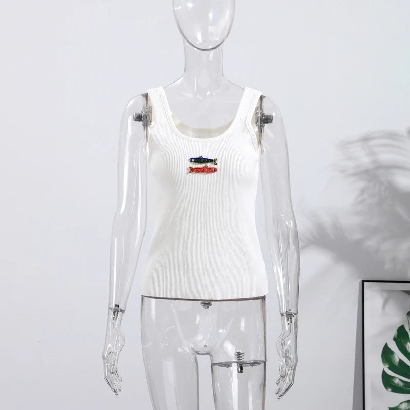 Fashion Fish Sequined Vest for Women Casual U Neck Sleeveless Female Slim Beads Embroidery Tops Summer Lady Beach Vest Street