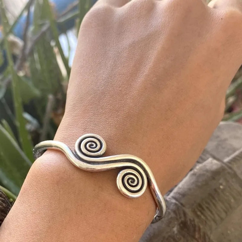 Vintage Bohemian Adjustable Vintage Bracelet Handmade Ethnic Tribal Bracelet with Spirals and Carvings for Easter or Daily Wear