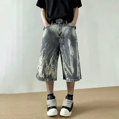 2026 New Flame Graphic Print Denim Shorts For Men Hip Hop Fashion Straight-leg Baggy Jorts Punk Tie Dye Gradient Y2K Short Jean